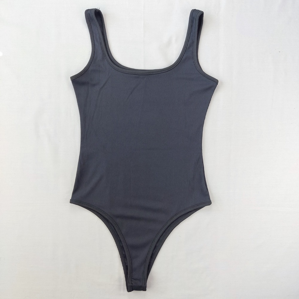 Unbranded Bodysuit Womens S Charcoal Grey Ribbed Scoop Neck Sleeveless Thong